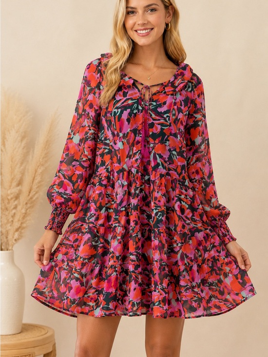 entro Dresses & Skirts - entro Pink Multi Floral Tiered Long-Sleeve Mini Dress
